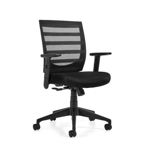 A black office chair with wheels and arm rests on a white background.