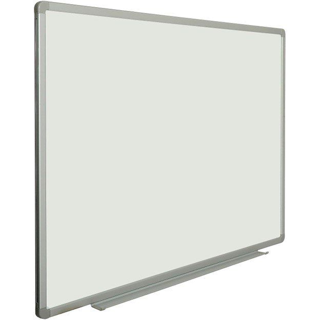 A whiteboard with a silver frame and a marker on it.