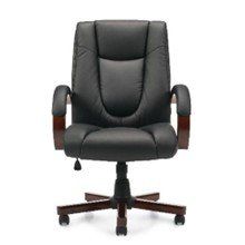 A black leather office chair with wooden armrests and wheels on a white background.