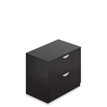 A black filing cabinet with two drawers on a white background