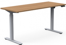 A standing desk with a wooden top and a metal frame.