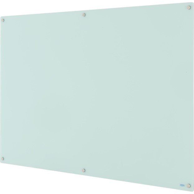 A white glass board is hanging on a wall.