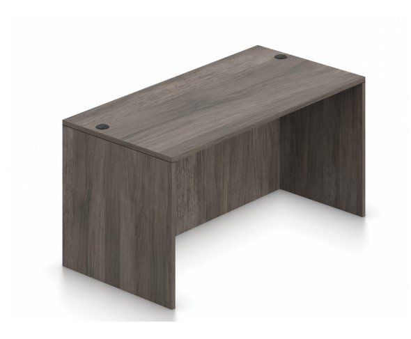 A wooden desk with a hole in the middle on a white background.