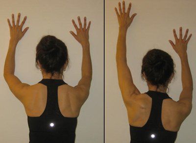 Figure 4: Wall plank with arm slide: start (left); finish (right). The athlete maintains stability of her right scapula as the left arm reaches up the wall. Her deep neck flexors are activated and she maintains this long spine position throughout the pattern. 