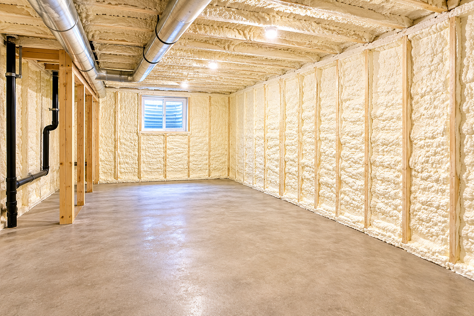 A basement sprayed with open cell spray foam insulation ready to be drywalled