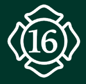 White number 16 inside a white fire department emblem on a green background.