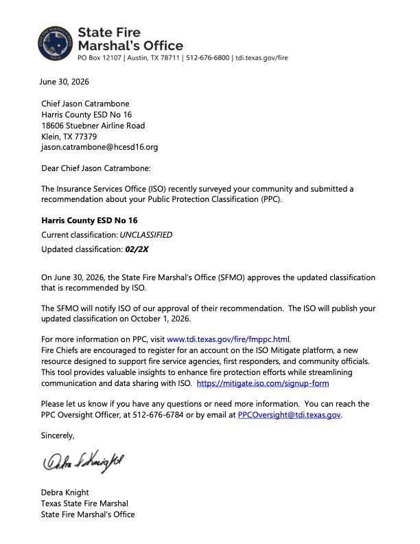 A letter from the Texas department of insurance state fire marshal 's office.