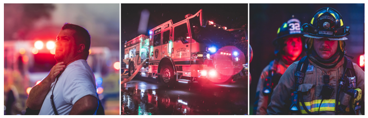 Emergency scene at night, featuring a man, a fire truck with flashing lights, and two firefighters. 