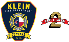 A klein fire department logo next to an iso class 2 logo