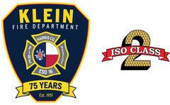 A klein fire department logo next to an iso class 2 logo