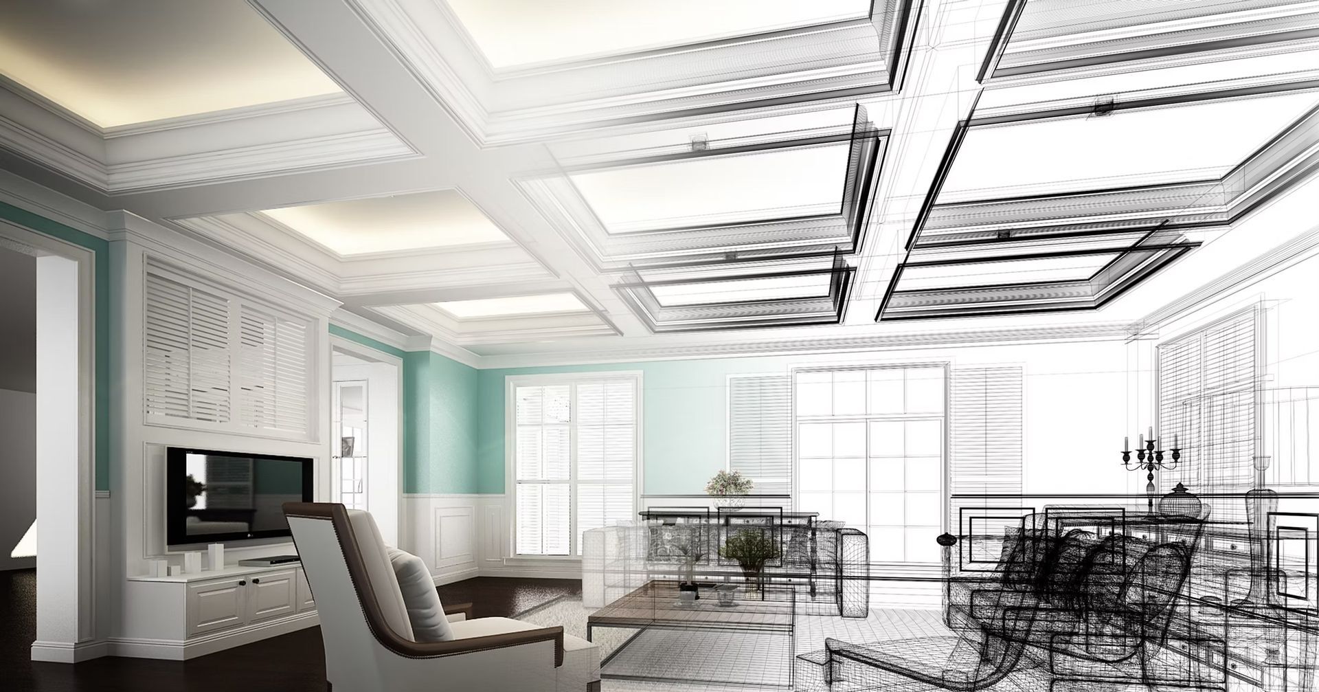 Interior rendering of a living room, combining a colorful realistic view with a wireframe architectural drawing.