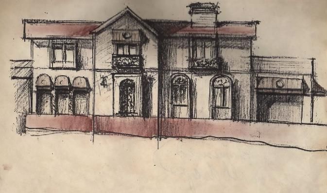 A drawing of a house with a red roof