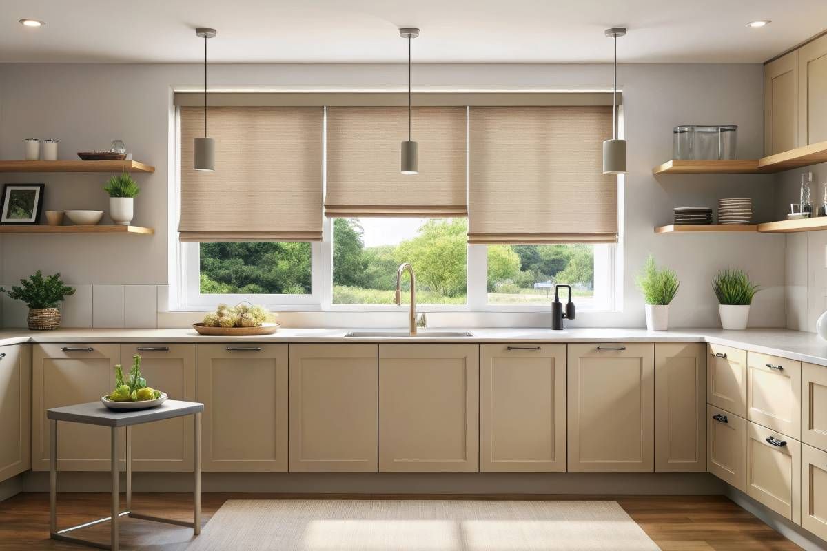 Beige blackout roller blind in modern kitchen at The Blind Guy Lewiston near Clarkston & Pullman, WA