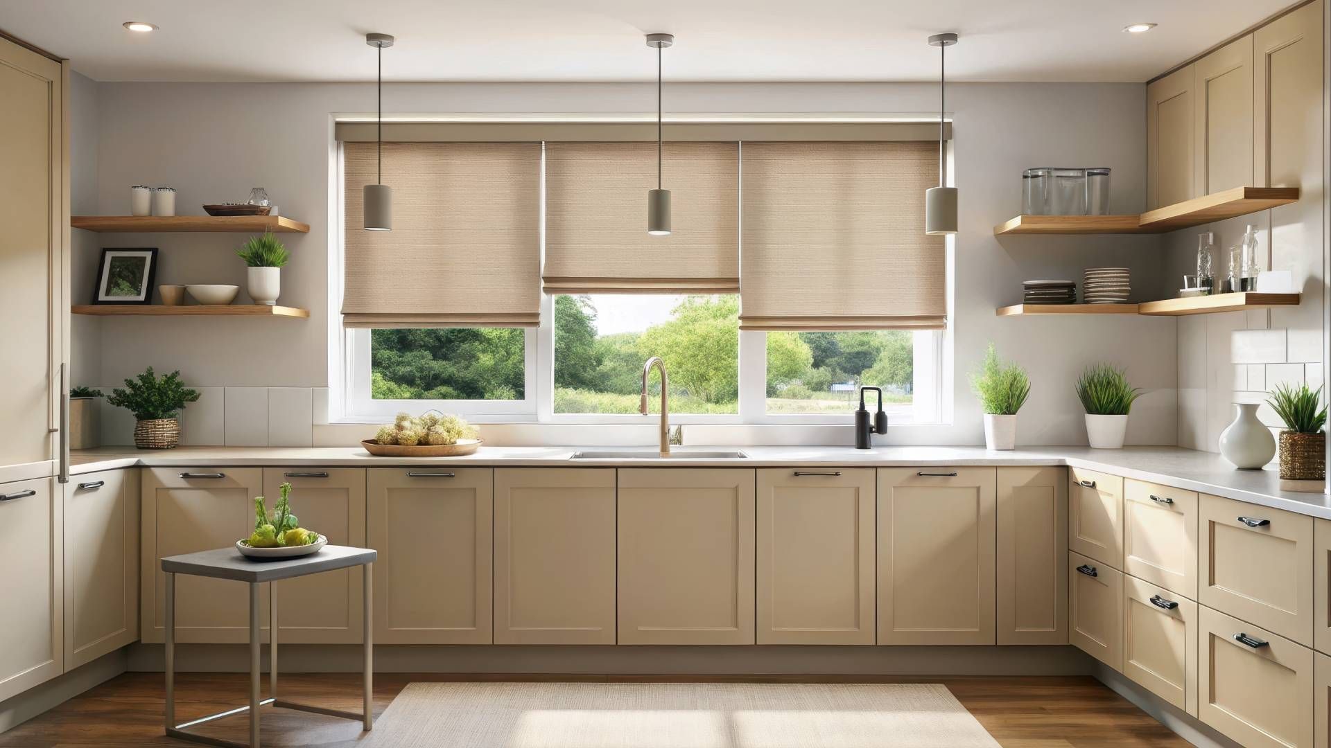 Beige blackout roller blind in modern kitchen at The Blind Guy Lewiston near Clarkston & Pullman, WA