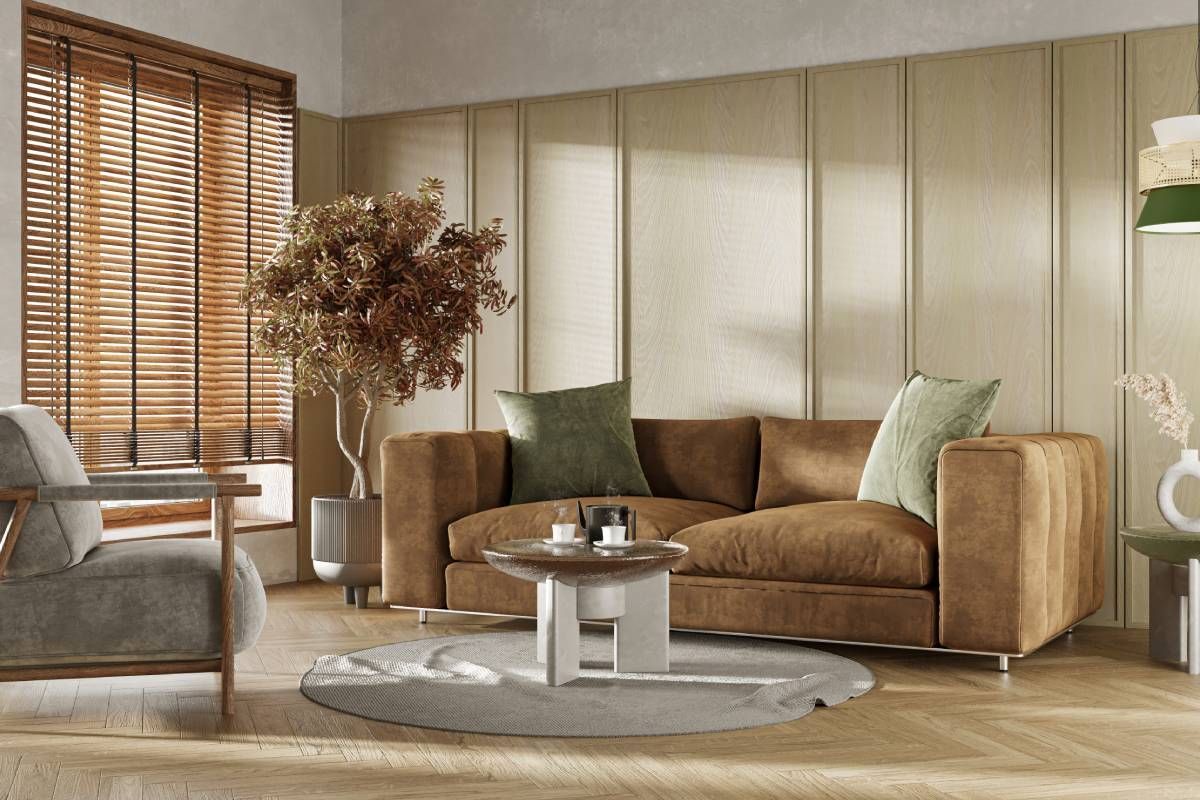 Dark wood Venetian blinds on a window in a modern living room with browns and greens at The Blind Guy Lewiston near Clarkston & Pullman, WA