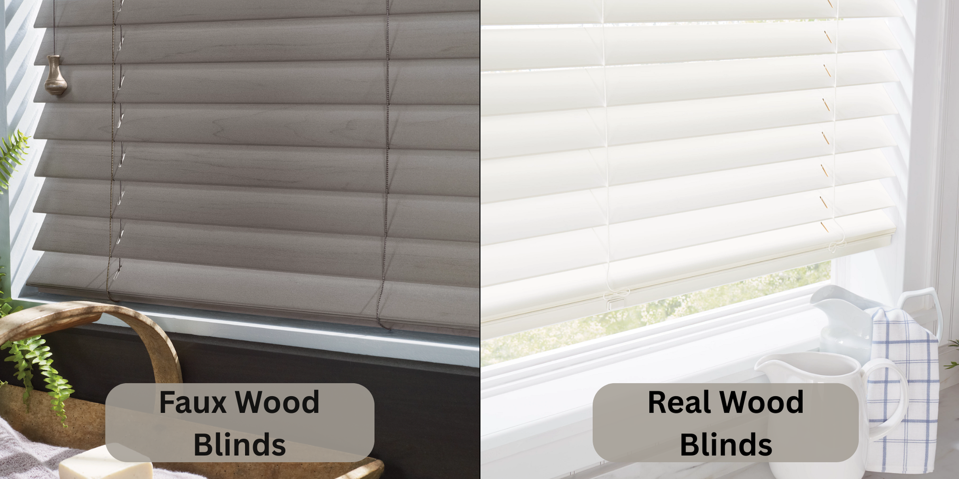 A side-by-side comparison image of faux wood blinds vs. wood blinds on two separate windows