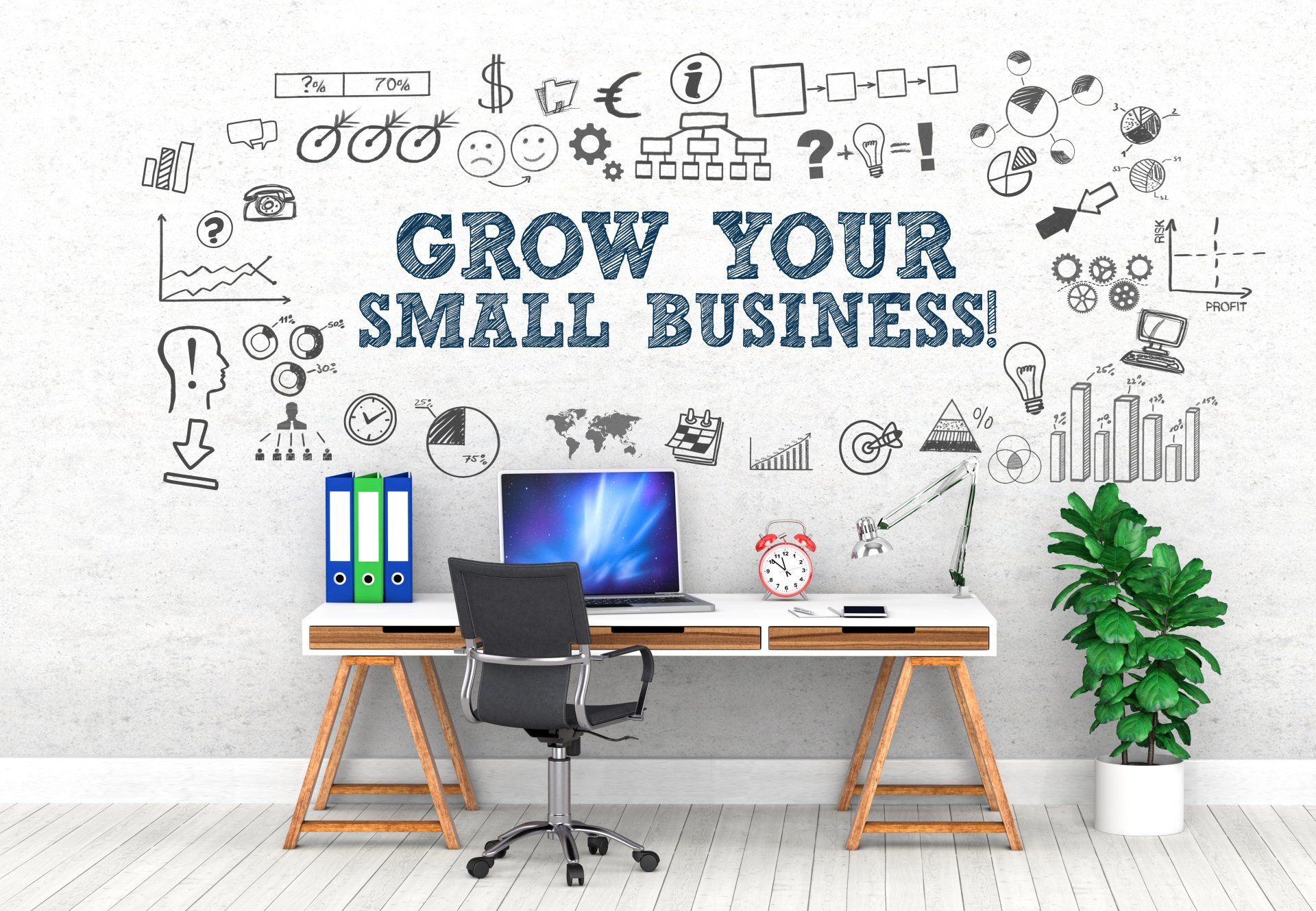 A desk with a laptop and a chair in front of a wall that says `` grow your small business ''.