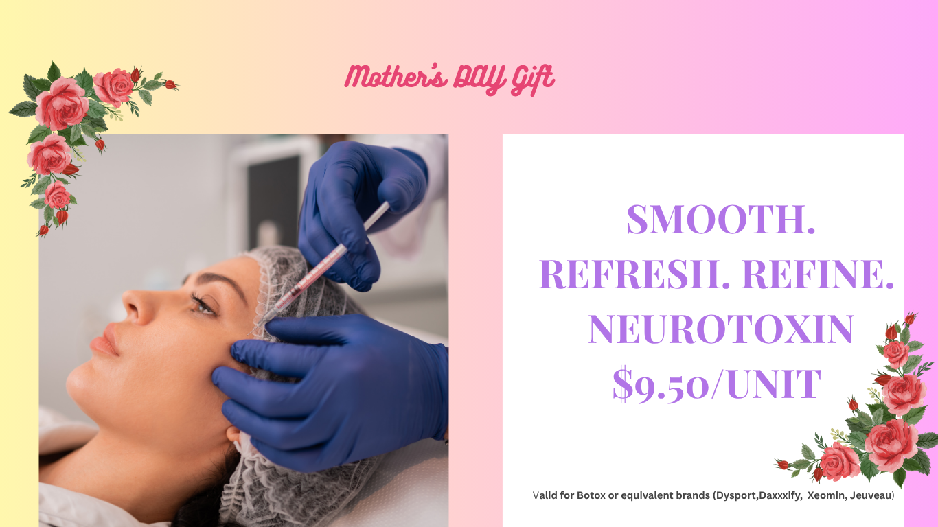 Mother’s Day gift ad for Botox with floral border, treatment photo, and $9.50/unit offer