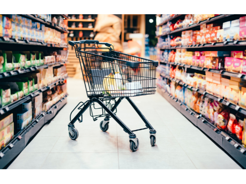shopping cart in food aisle.