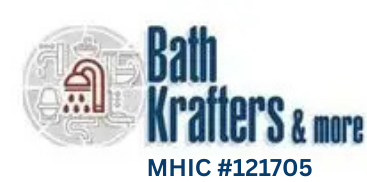 Logo for Bath Krafers & more, featuring a showerhead icon and text with the MHIC license number.