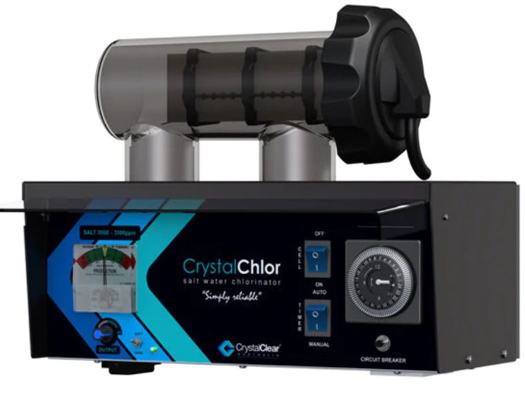 CrystalChlor salt water chlorinator with a transparent cell, black control panel, and timer — Tweed Pool Shop in Tweed Heads South, NSW