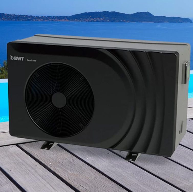 BWT heat pump on a wooden deck by a pool overlooking a blue lake and mountains — Tweed Pool Shop in Tweed Heads South, NSW