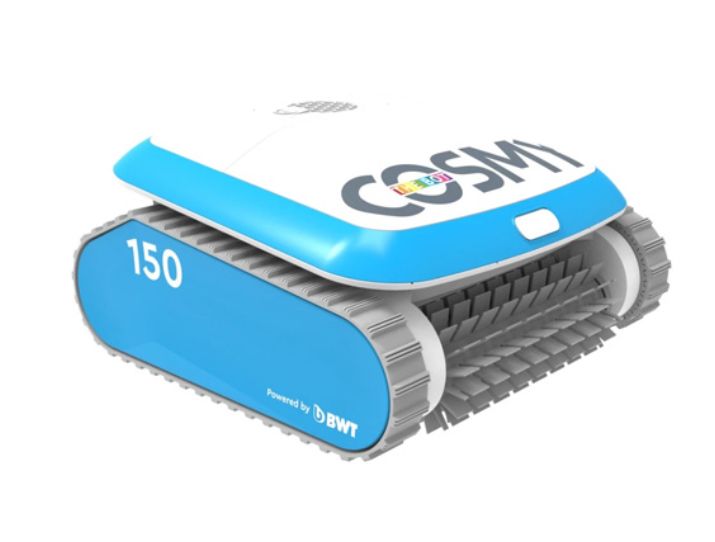 Blue and white robotic pool cleaner with tracks, labeled 