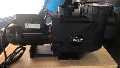 Black Oasis pool pump on a cardboard surface. — Tweed Pool Shop in Tweed Heads South, NSW