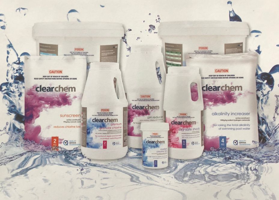 ClearChem pool chemicals on a water background with splashes — Tweed Pool Shop in Tweed Heads South, NSW