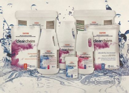 Clearchem pool chemicals: containers and bottles on a blue water background — Tweed Pool Shop in Tweed Heads South, NSW