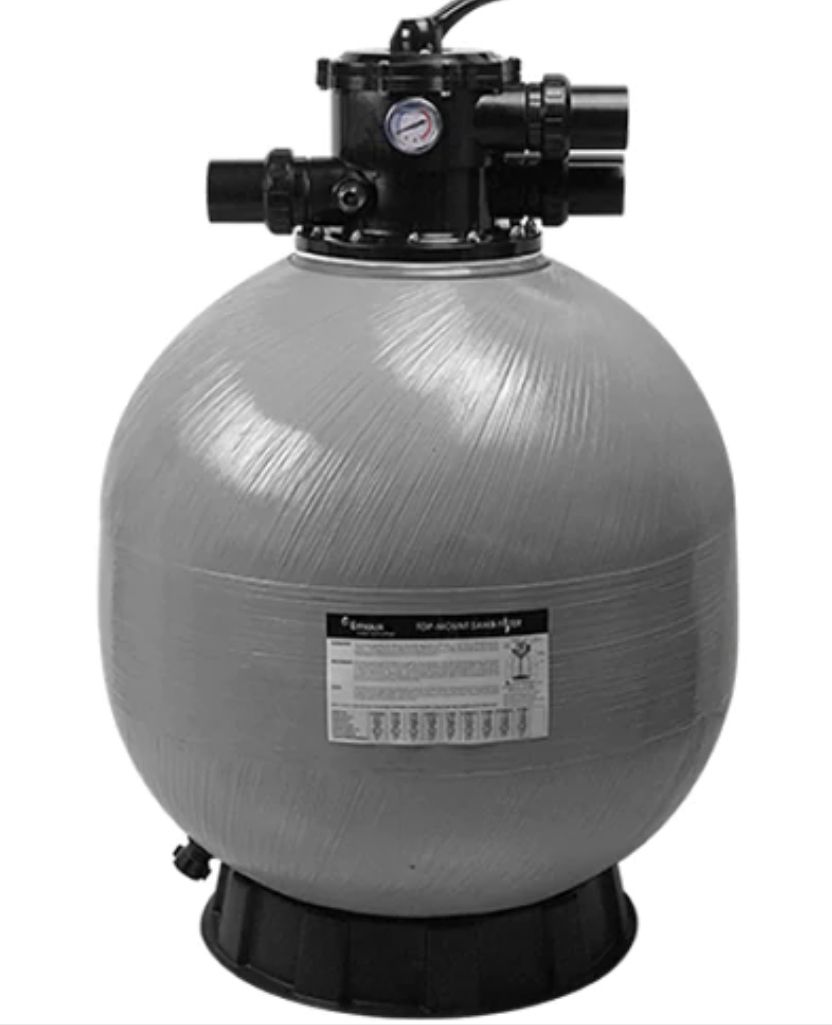 Gray pool sand filter with black valve, pipes, and base — Tweed Pool Shop in Tweed Heads South, NSW