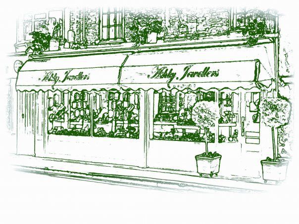 A black and white drawing of a store front with a green awning.