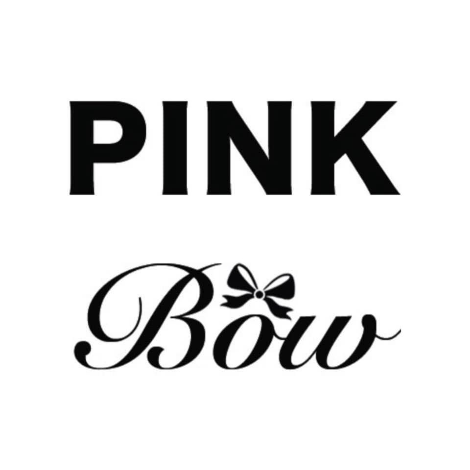 A pink bow logo with a bow on it