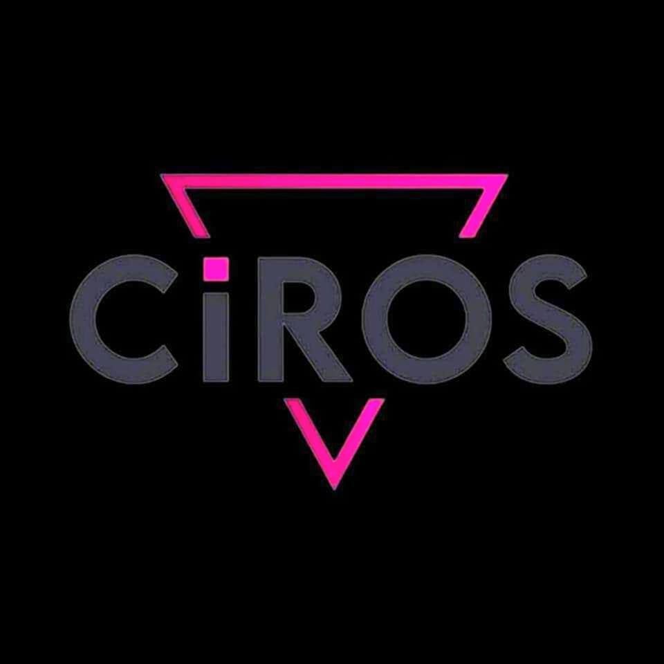 A logo for ciros with a pink triangle on a black background.