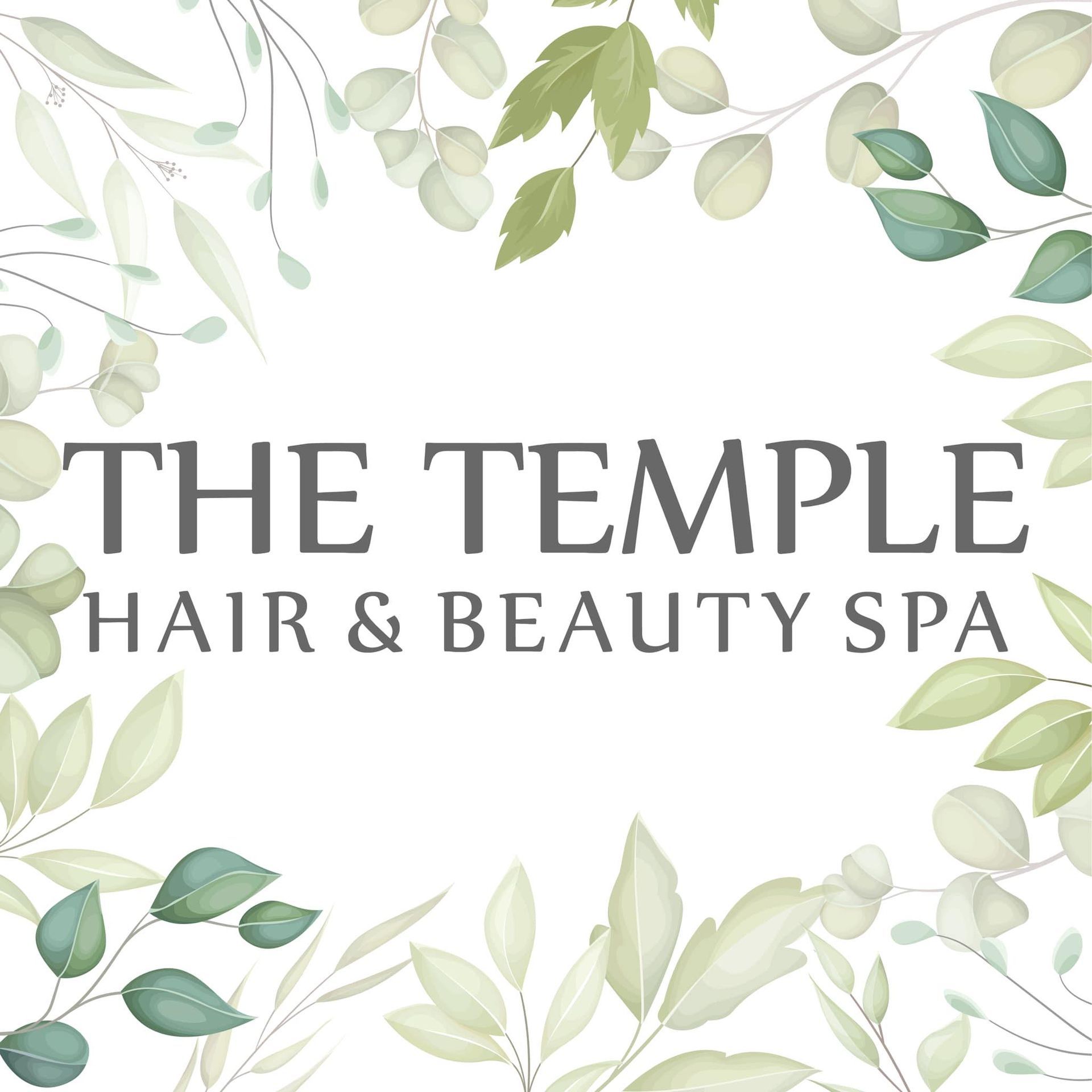 The logo for the temple hair and beauty spa is surrounded by green leaves.