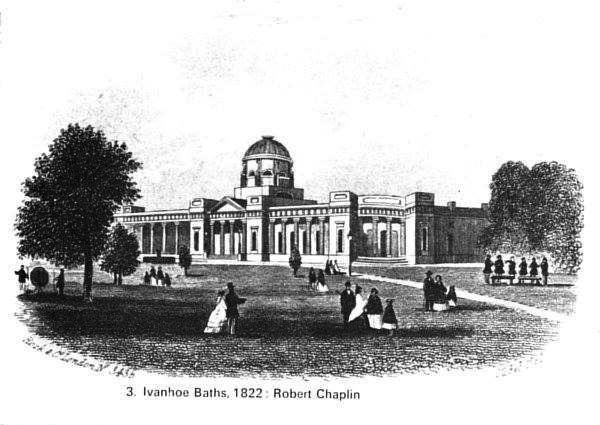 A black and white drawing of a large building with people sitting in front of it.