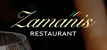 The logo for zamanis restaurant with a wine glass in the foreground