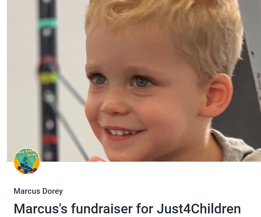 A picture of a young boy with the caption marcus 's fundraiser for just4children