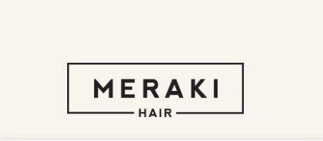 A black and white logo for meraki hair on a white background.