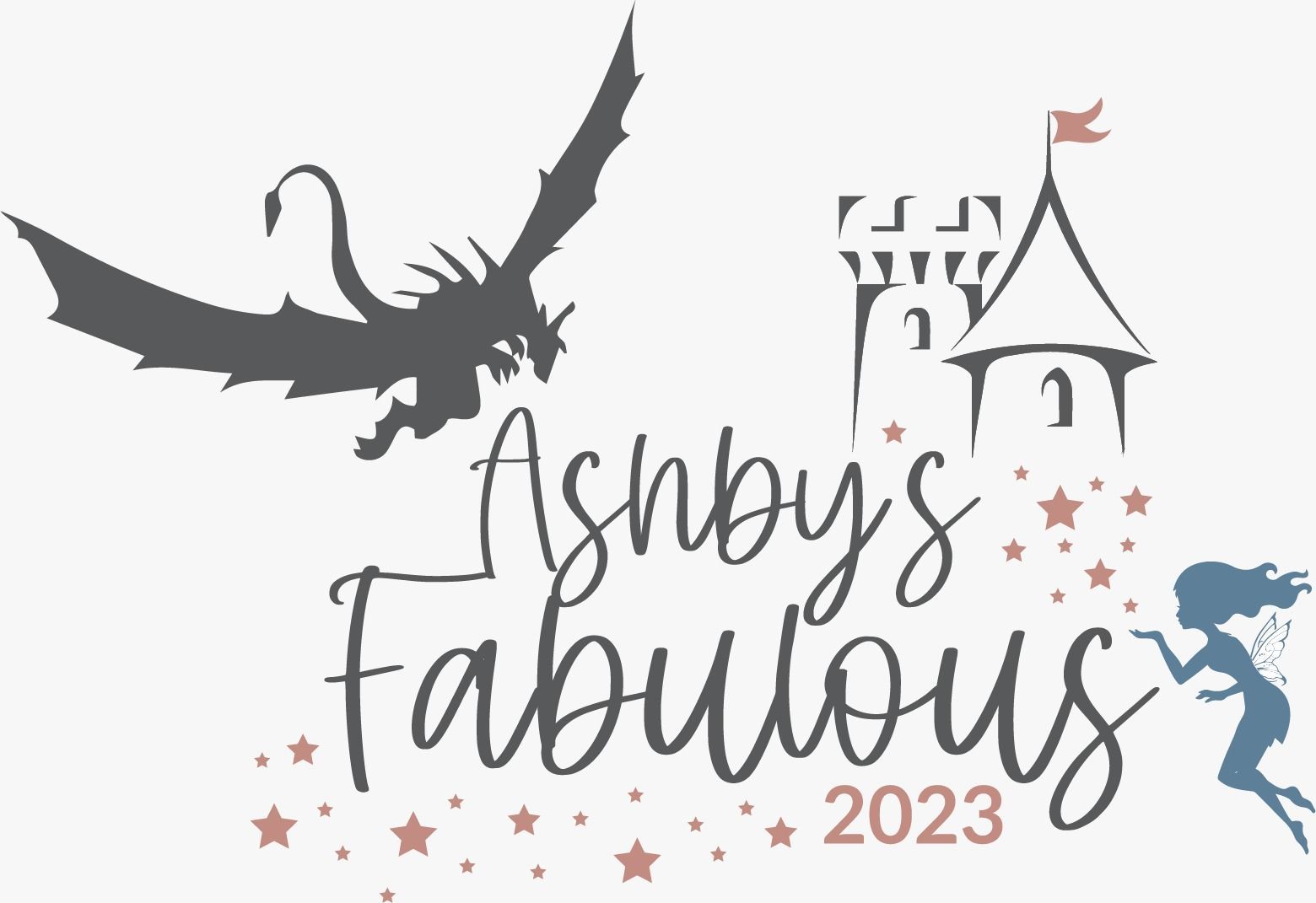 A logo for ashby 's fabulous 2023 with a dragon flying over a castle and a mermaid.