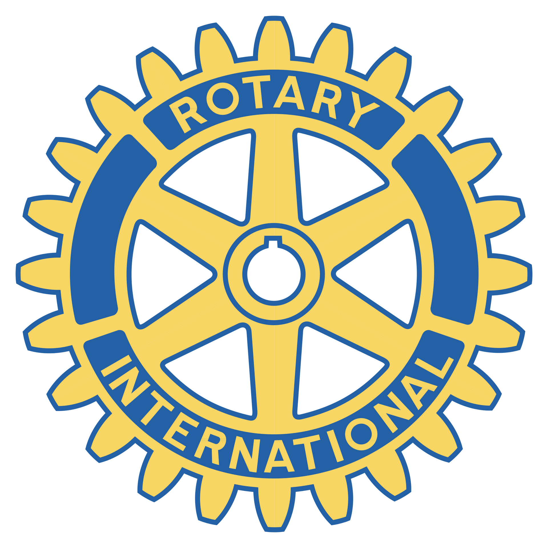 A yellow and blue rotary international logo on a white background