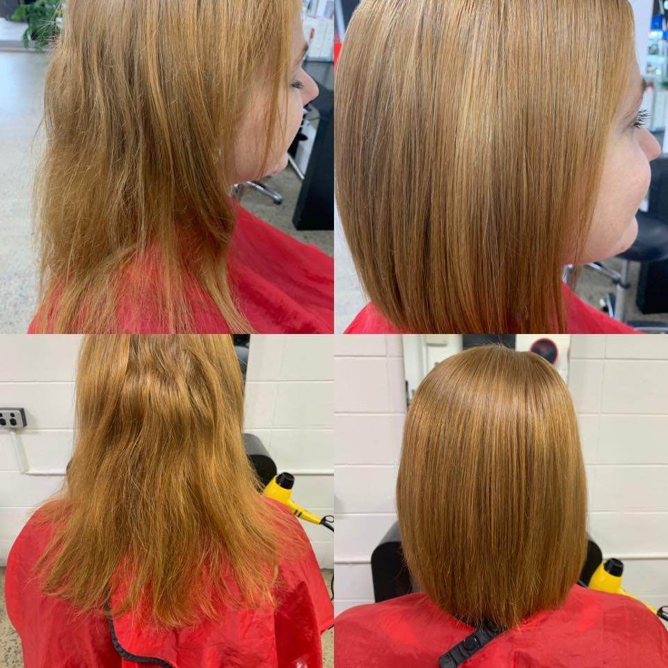 A Woman is Getting Her Hair Cut in a Salon — Embellish Hair and Beauty In Slade Point, QLD