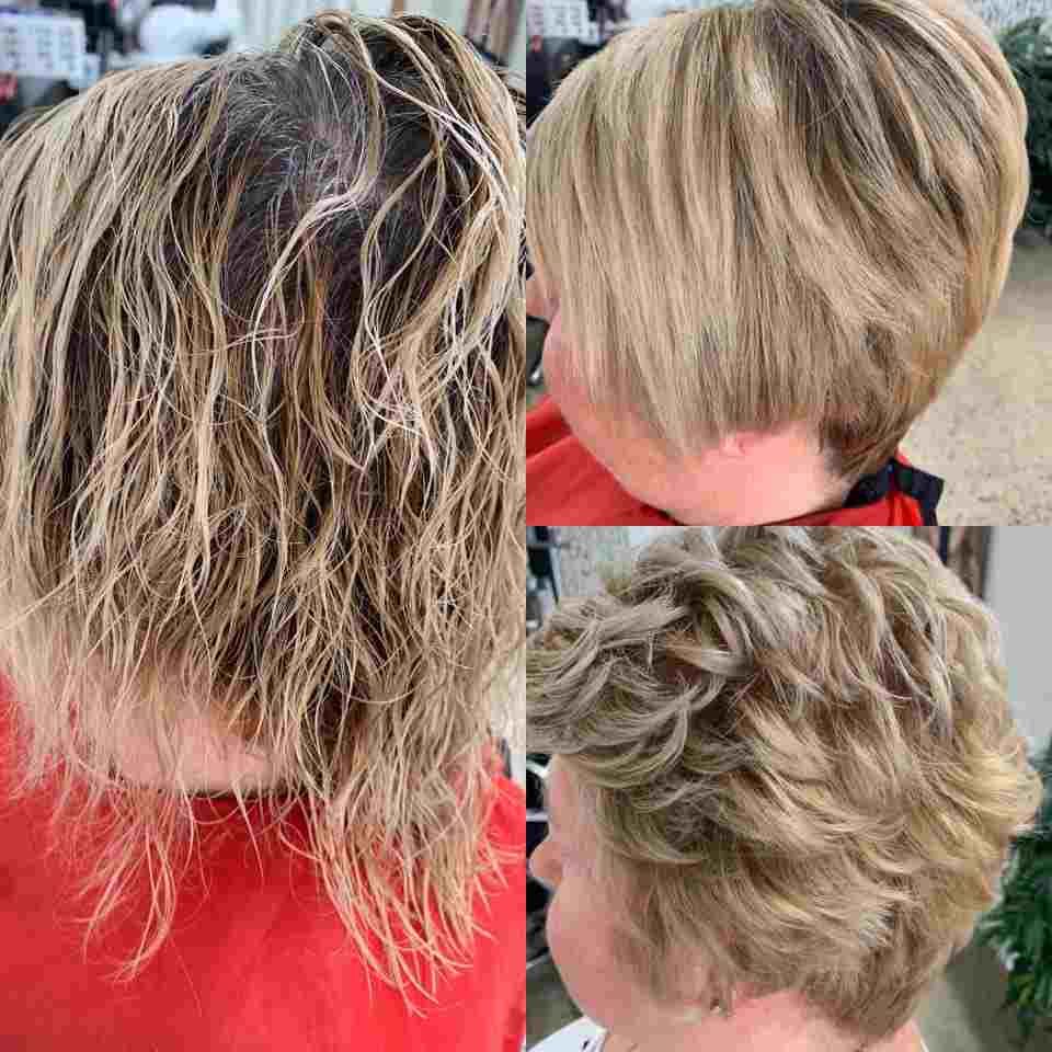 A Woman is Getting Her Hair Cut in a Salon — Embellish Hair and Beauty In Slade Point, QLD