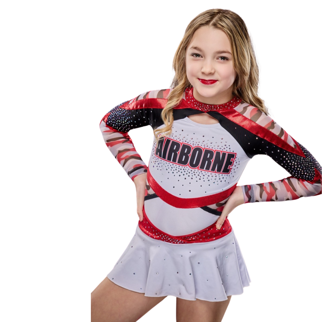 A young girl wearing a sirborne cheerleading uniform