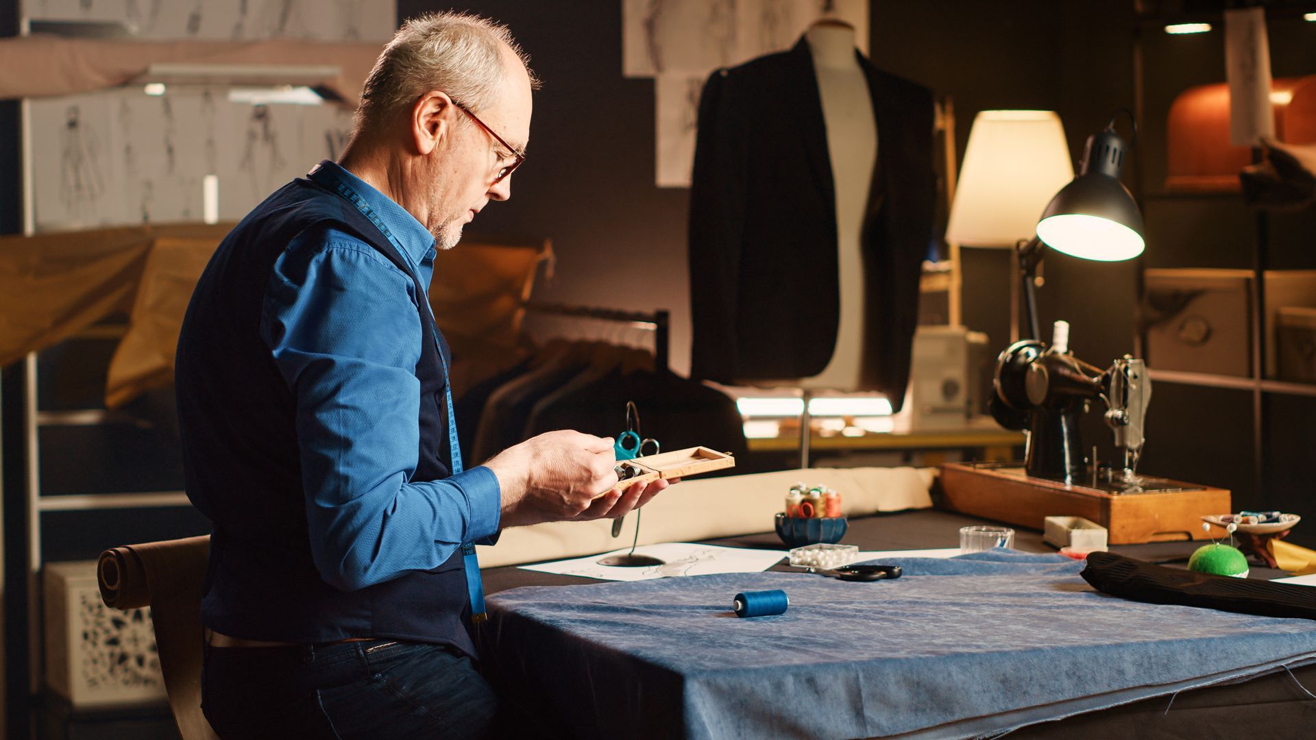 A man is sitting at a table working on a piece of fabric.