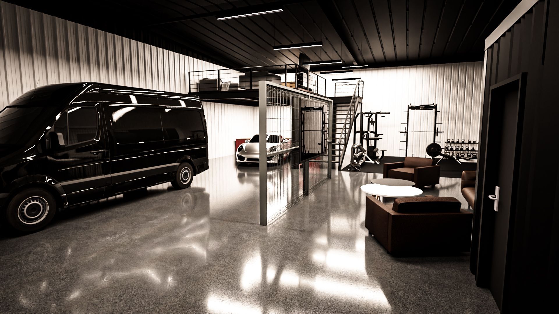 A black van is parked in a garage next to a living room.