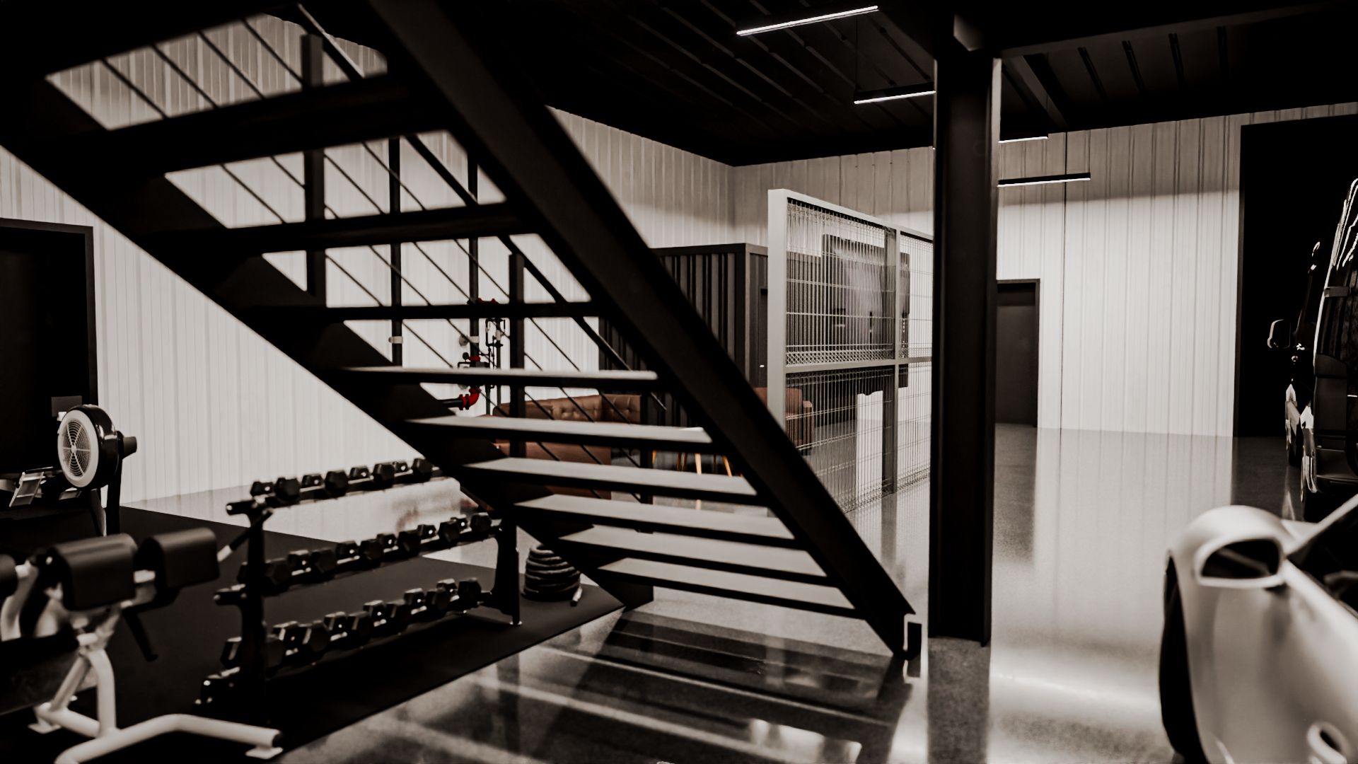 A black and white photo of a garage with stairs and a car.