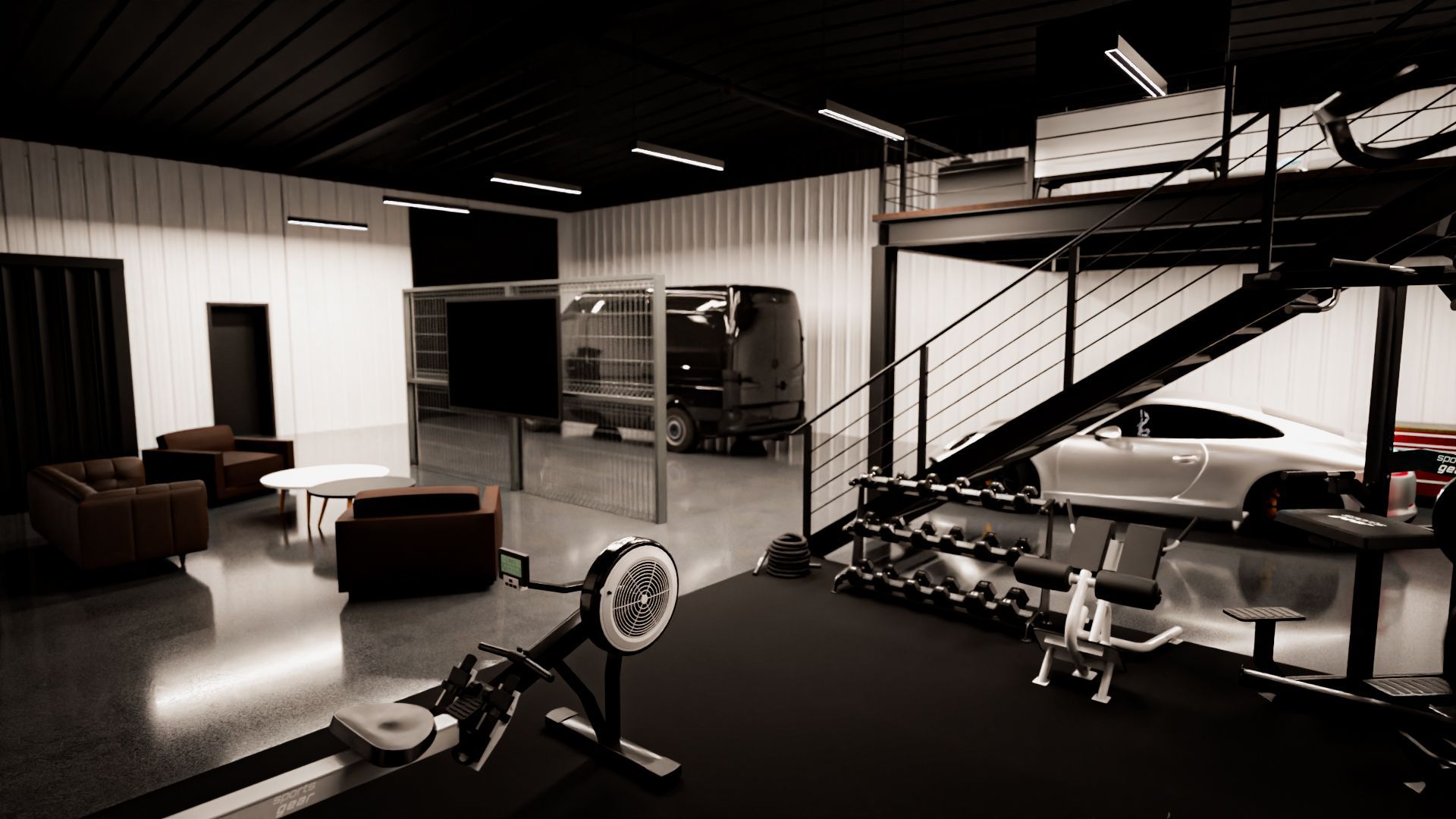 A black and white photo of a gym with a car in the background.