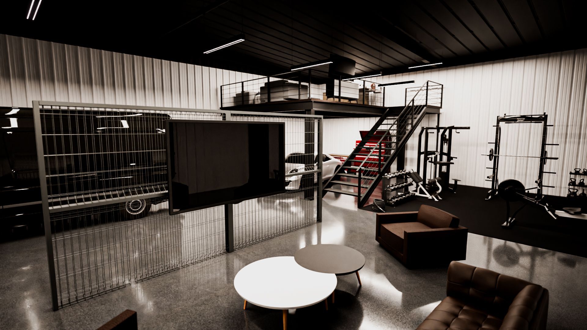 A black and white photo of a living room in a garage.