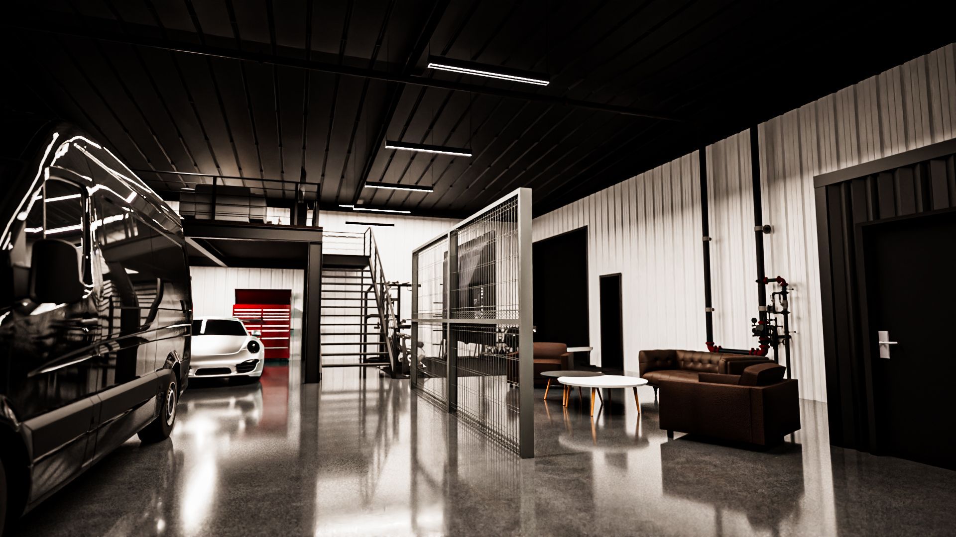 A black and white photo of a garage with a car in it